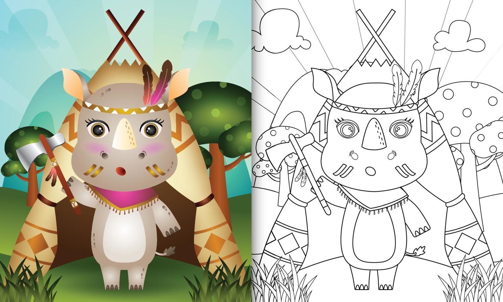 kleurboeksjabloon voor kinderen met een schattige tribale boho neushoorn karakter illustratie vector