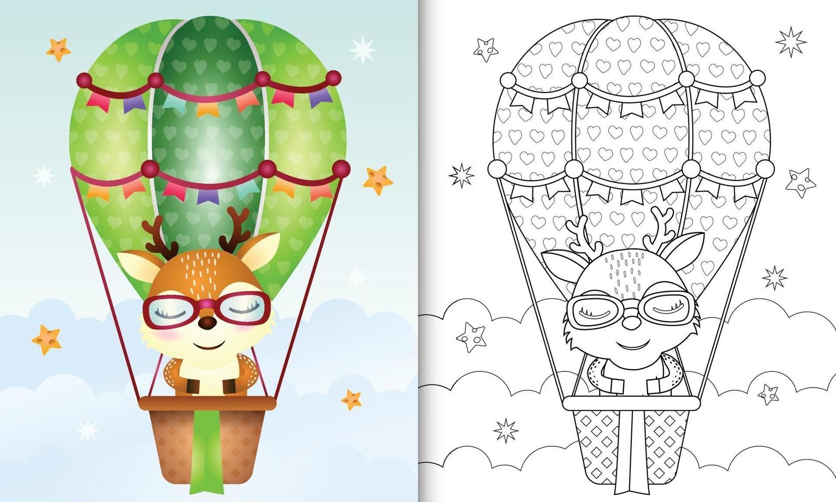 kleurboeksjabloon voor kinderen met een schattig hert op heteluchtballon vector