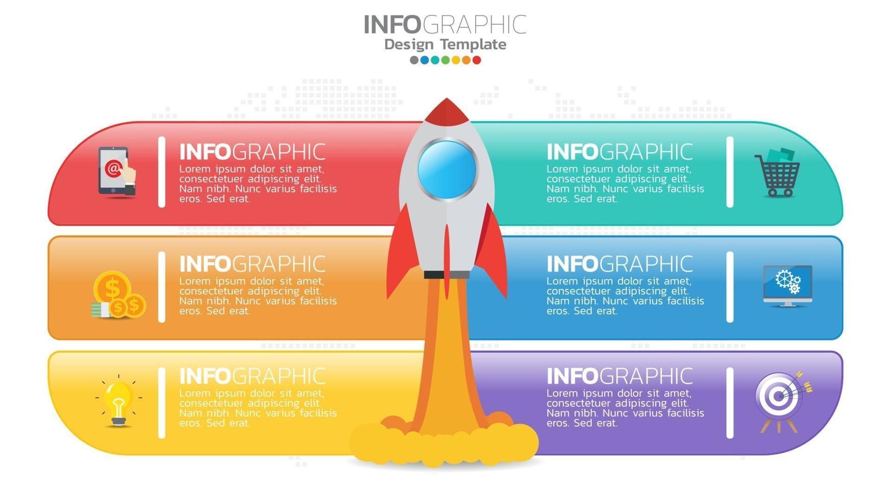 6 stappen opstarten infographics met raketlancering. zakelijke en financiële concept. vector
