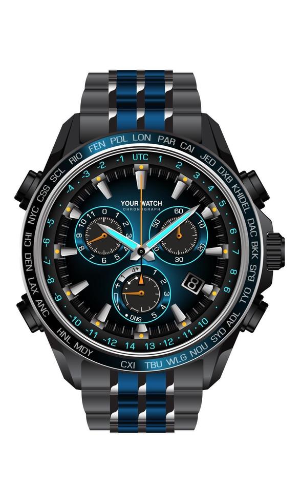 realistische klok horloge chronograaf blauw donkergrijs metalen stalen ontwerp voor mannen op witte achtergrond vectorillustratie. vector
