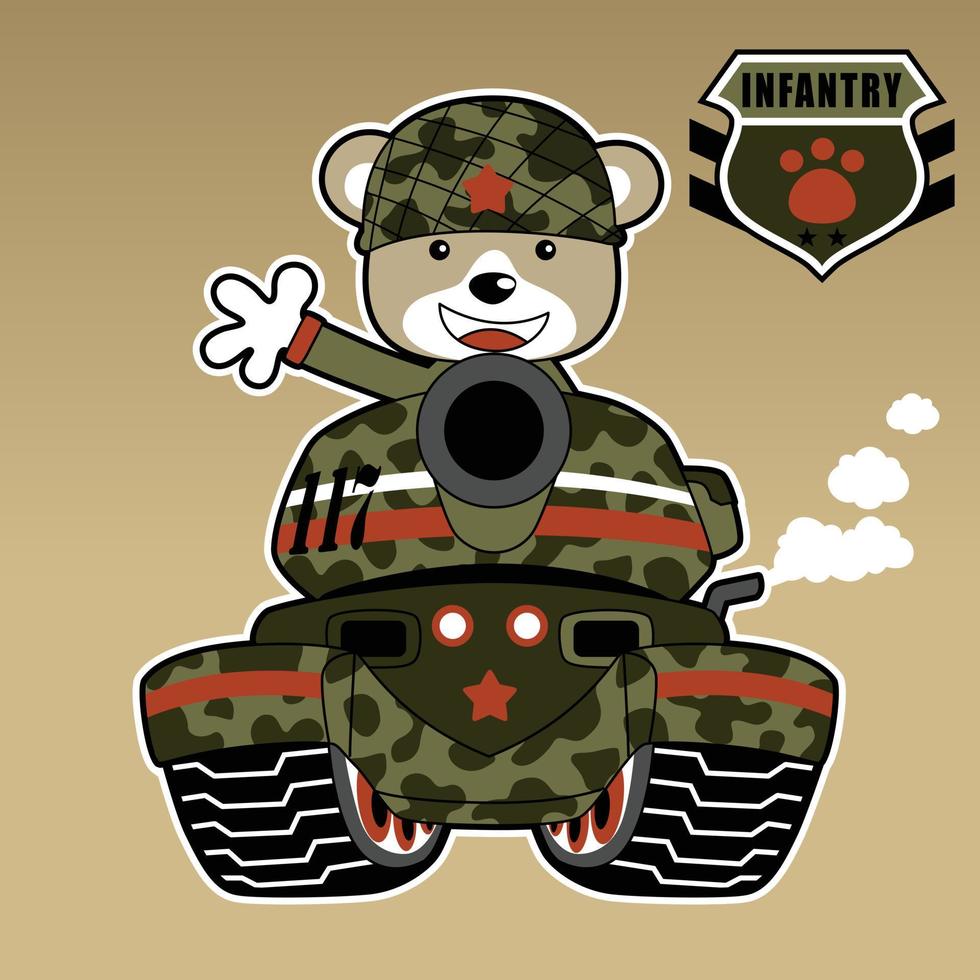 schattig beer soldaat Aan de gepantserd voertuig met leger logo, vector tekenfilm illustratie