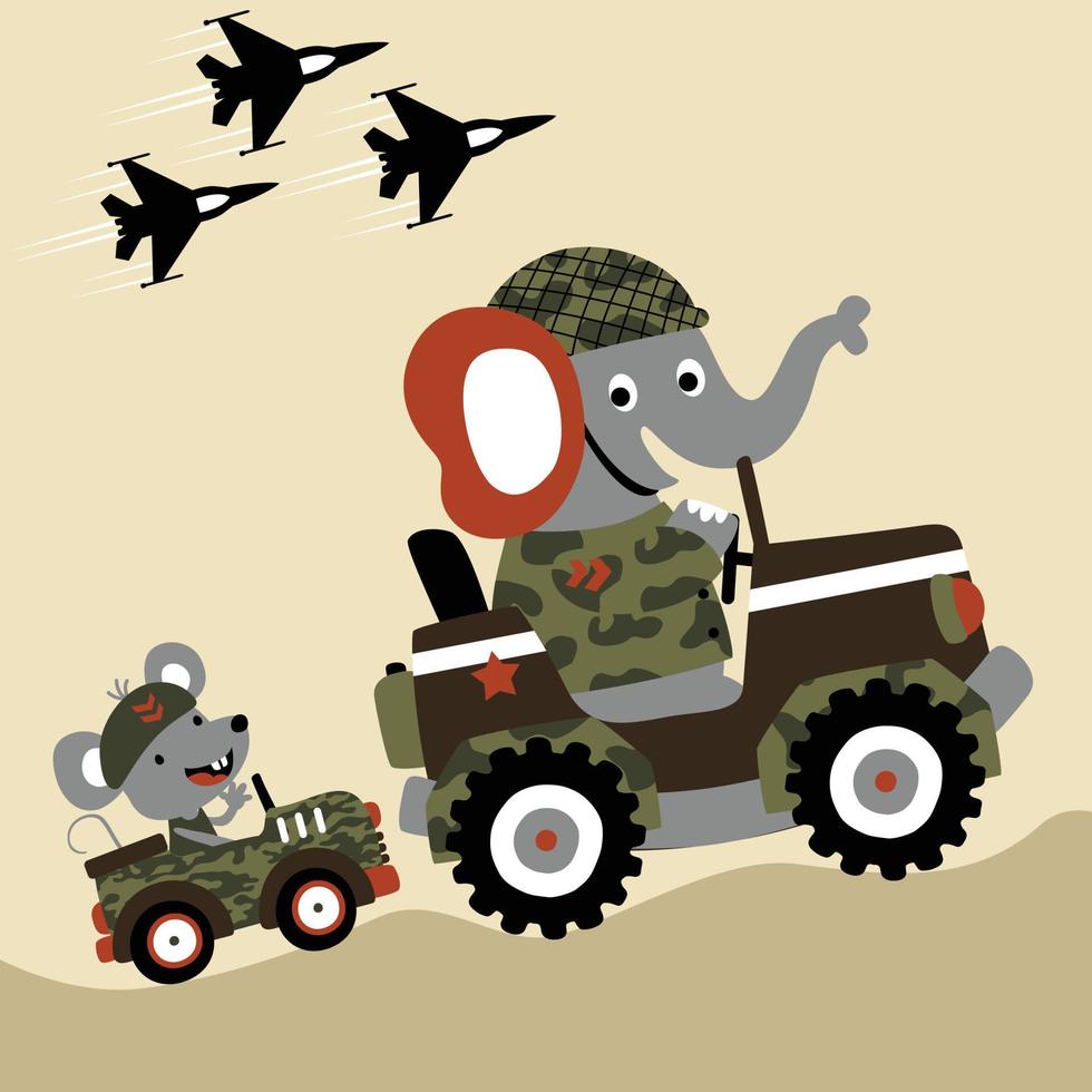 grappig olifant en muis in soldaat uniform het rijden leger voertuig, vector tekenfilm illustratie