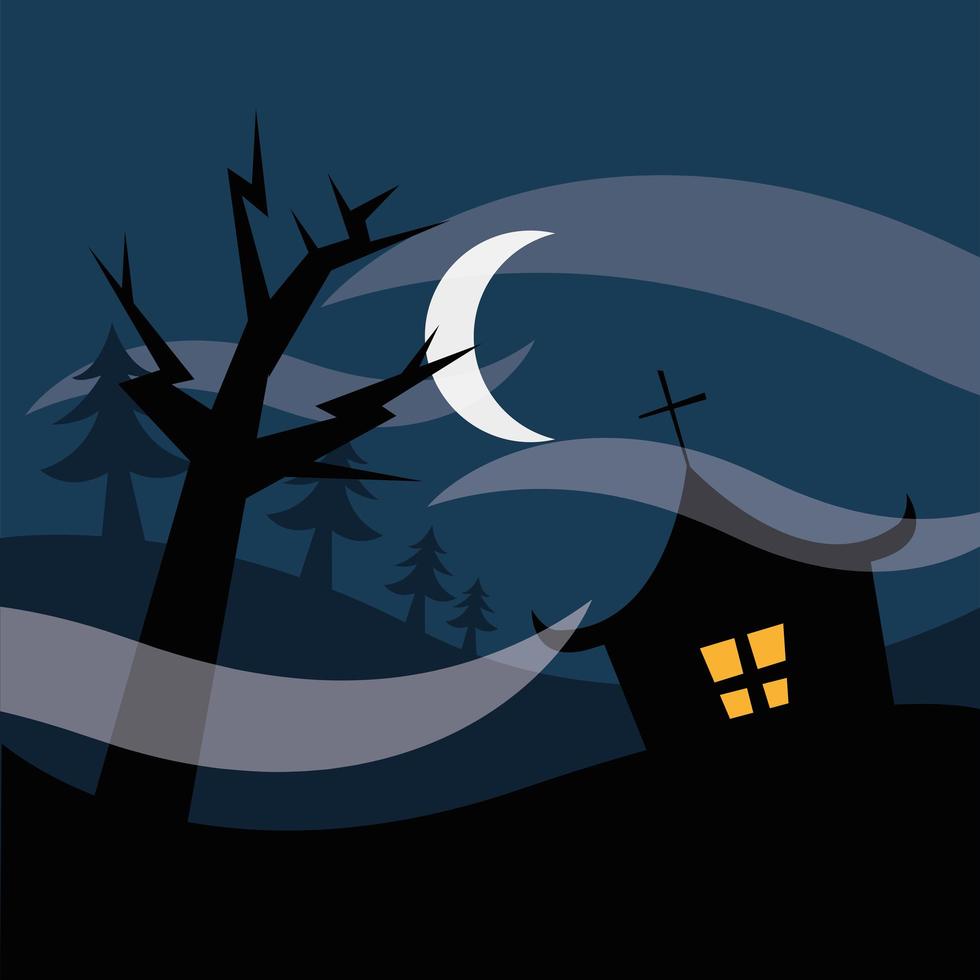 Halloween-spookhuis met boom bij nacht vectorontwerp vector