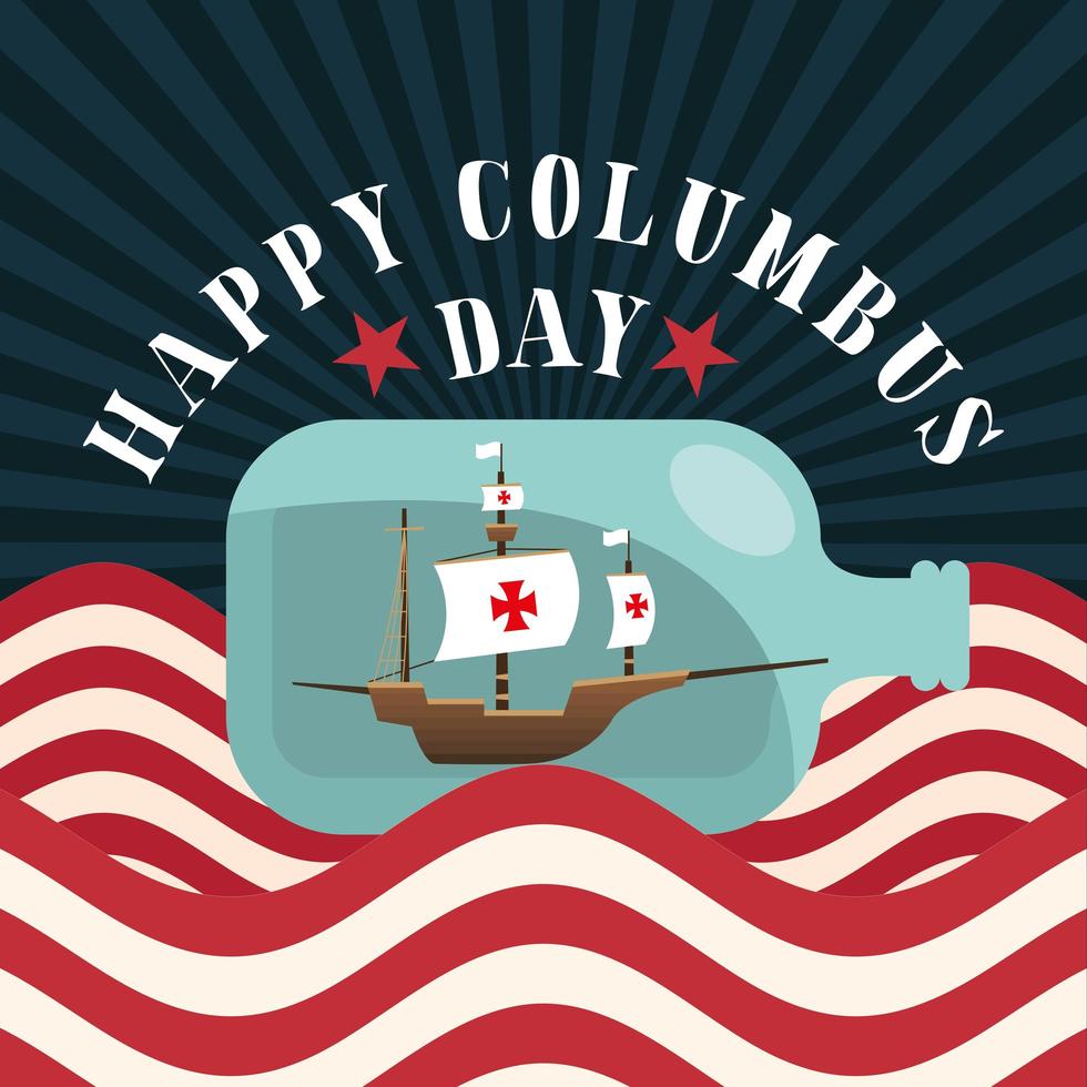 schip in waterfles met usa vlag van happy columbus day vector design