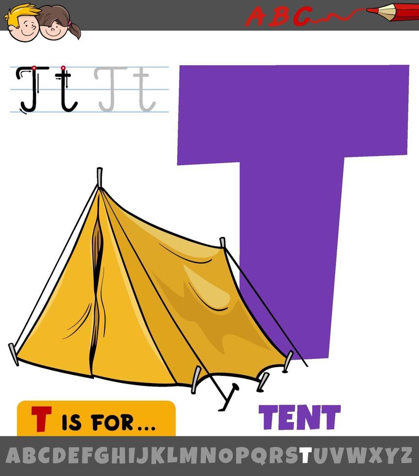 letter t uit alfabet met cartoon tent-object vector