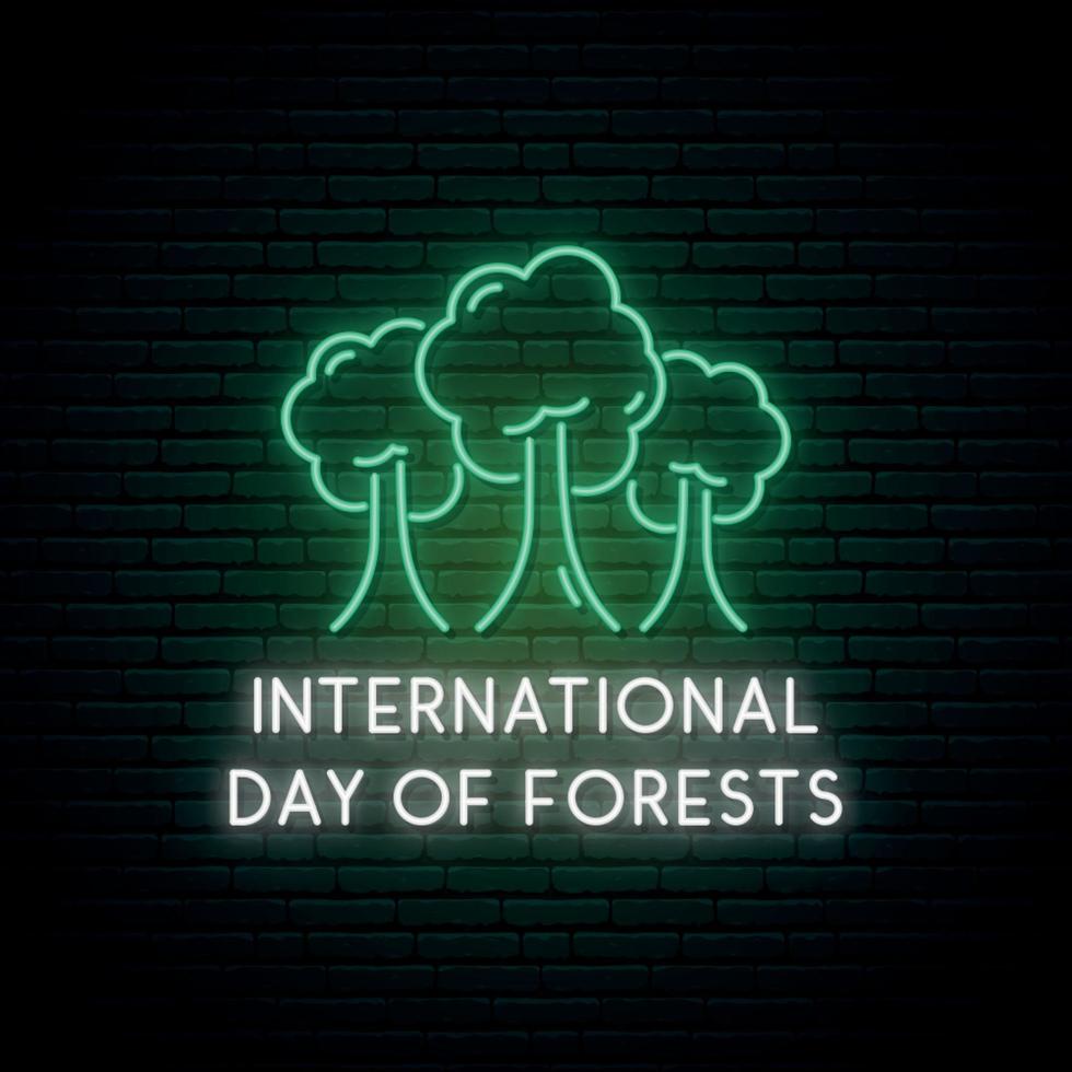 bos neon teken. concert uithangbord voor internationale dag van bossen. vector