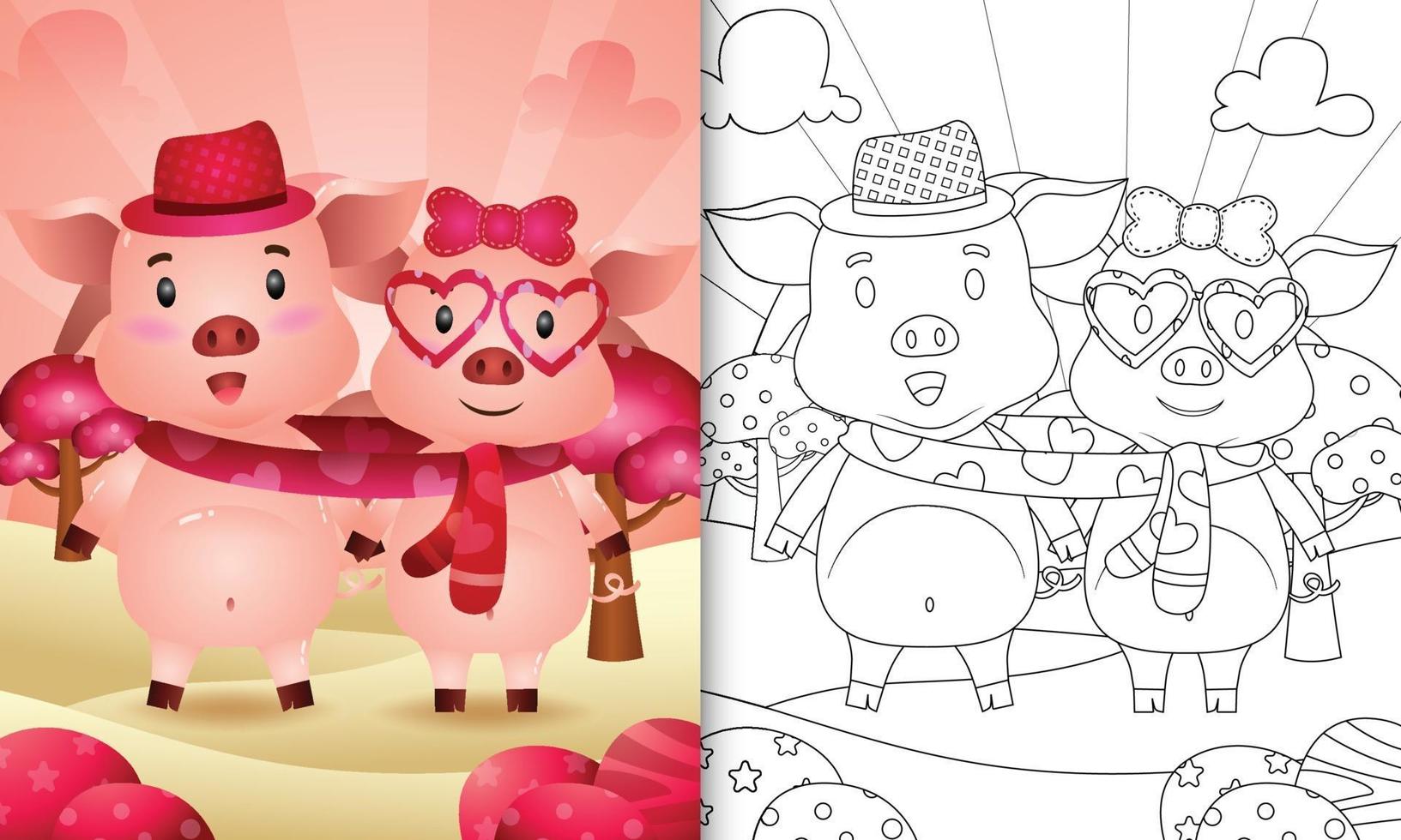 kleurboek voor kinderen met geïllustreerd schattig valentijnsdag varkenspaar vector