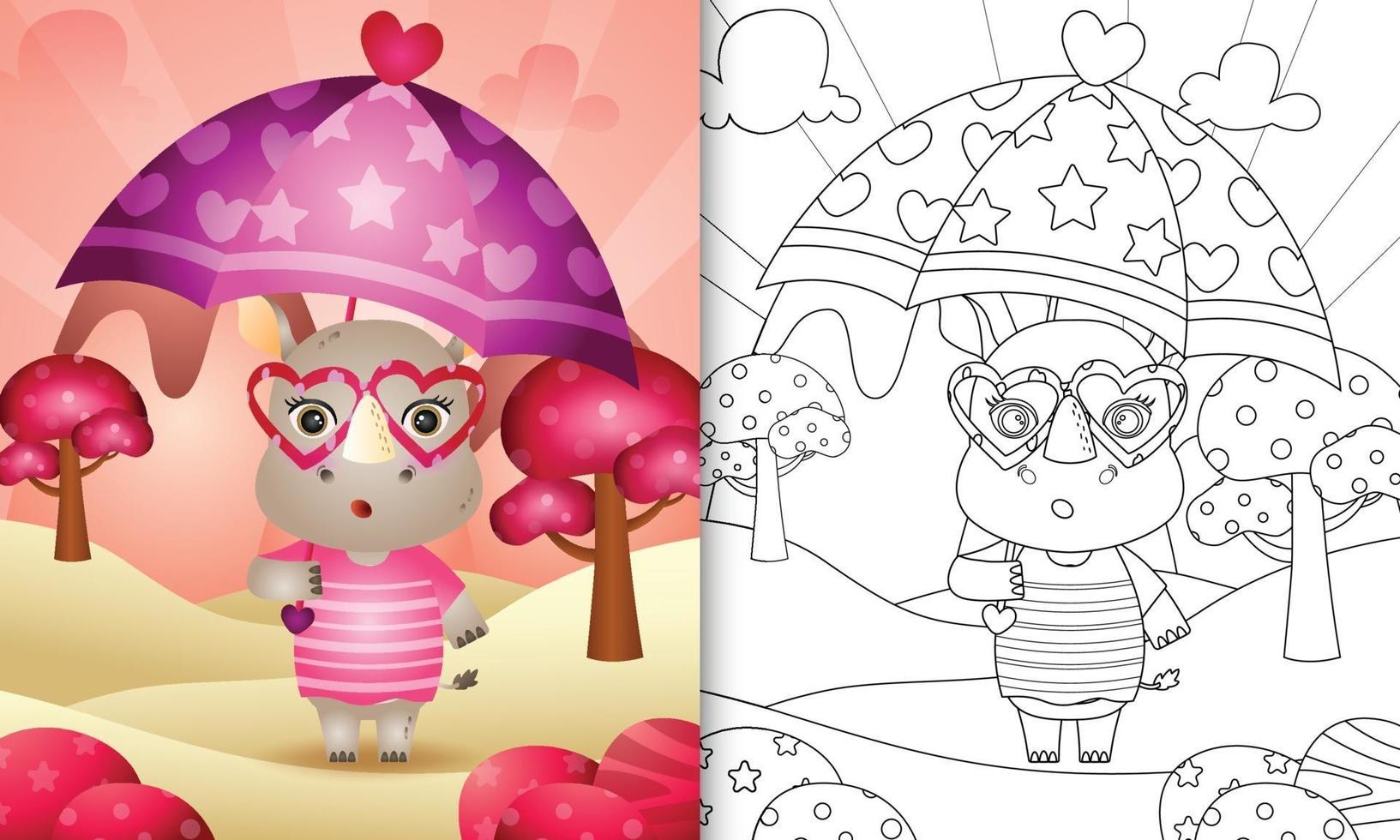 kleurboek voor kinderen met een schattige neushoorn die Valentijnsdag met paraplu-thema houdt vector