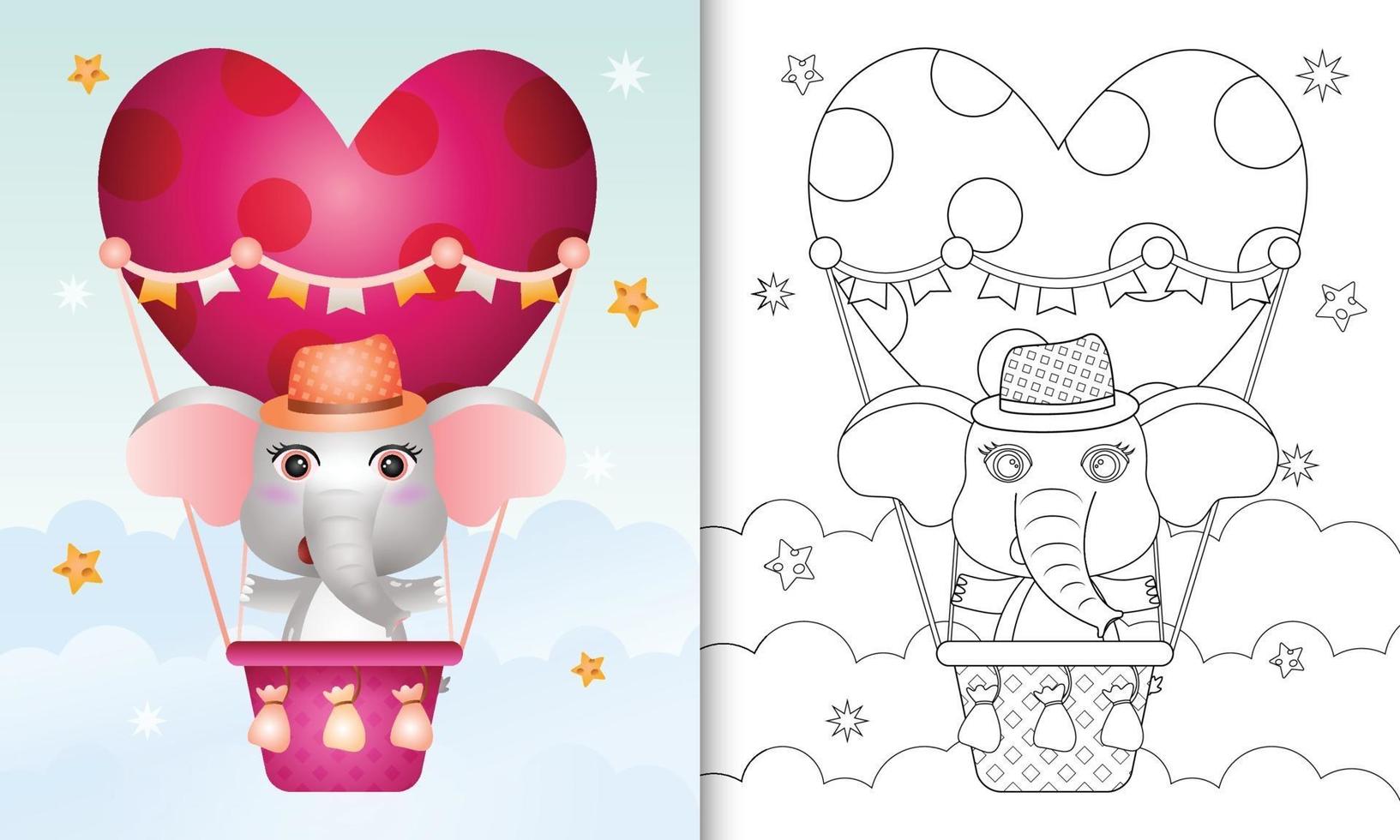 kleurboek voor kinderen met een schattige olifant man op heteluchtballon liefde thema Valentijnsdag vector