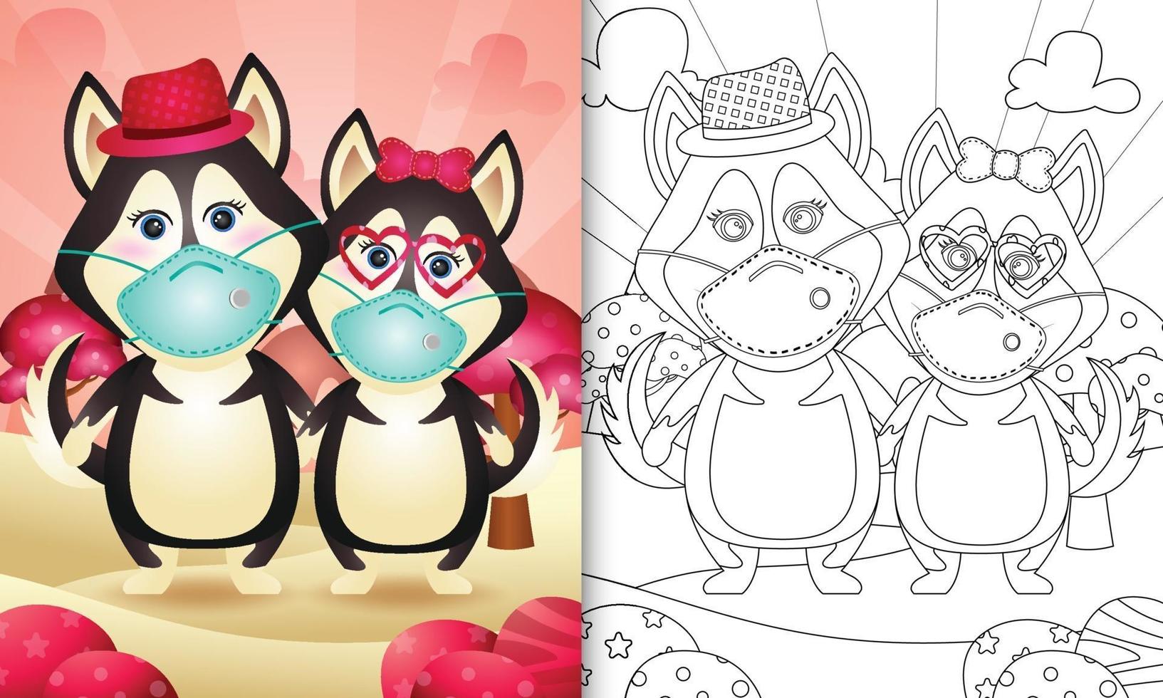 kleurboek voor kinderen met een schattig husky hondenpaar voor Valentijnsdag met een beschermend gezichtsmasker vector