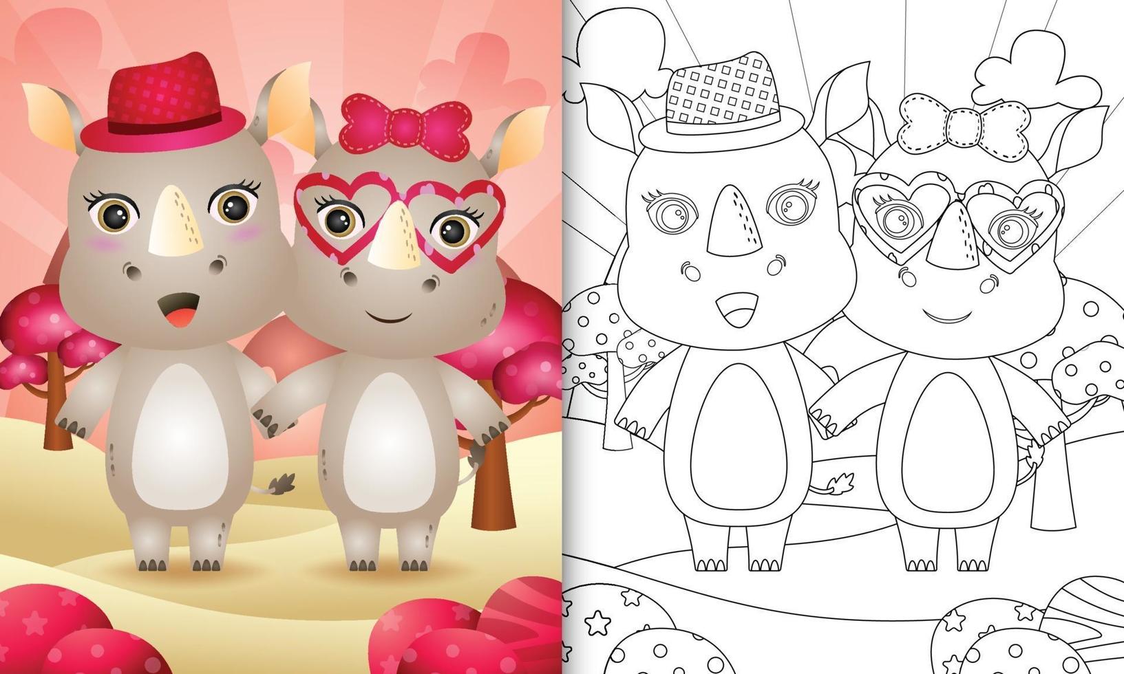kleurboek voor kinderen met een schattige valentijnsdag met een neushoornpaar vector