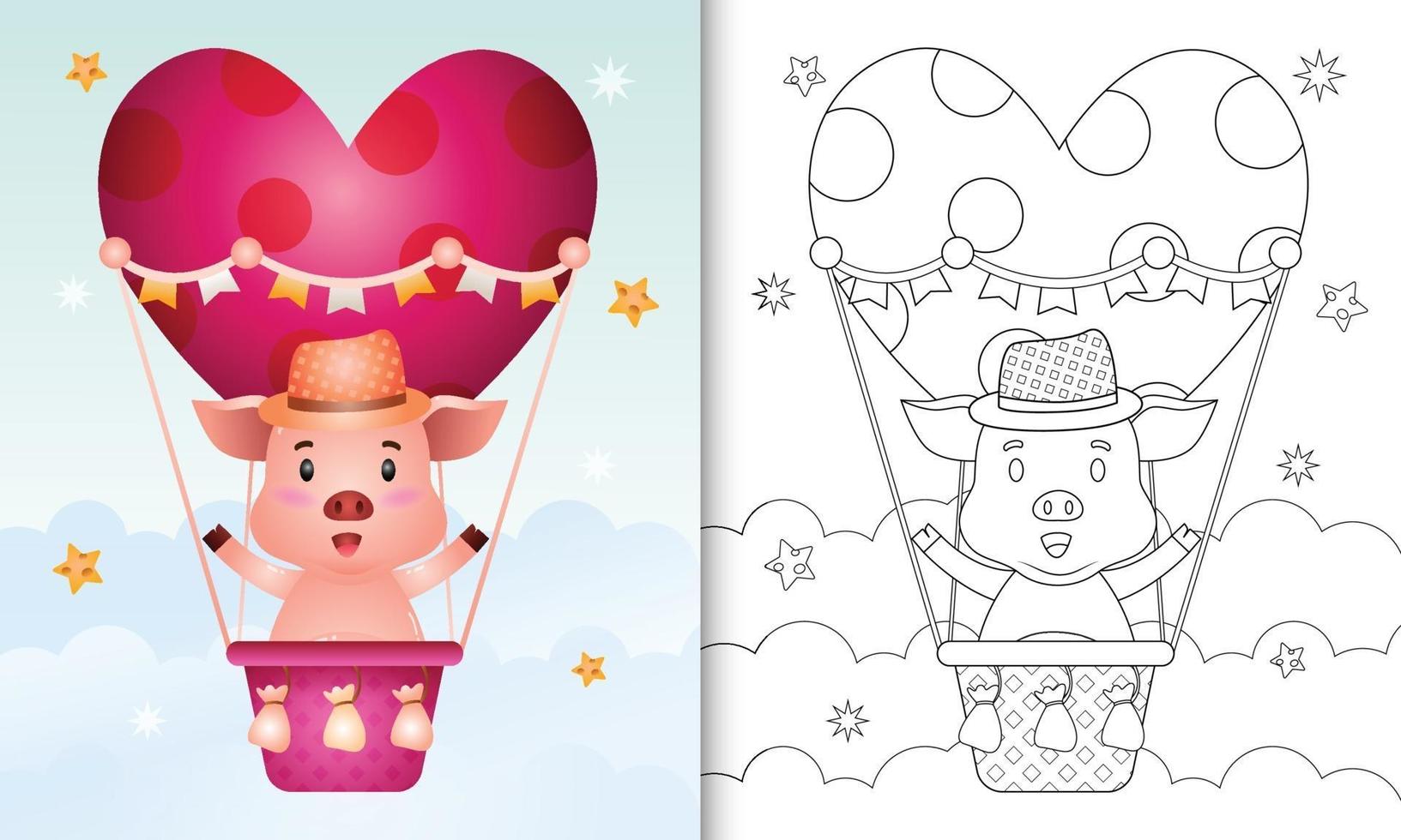 kleurboek voor kinderen met een schattig varken mannetje op heteluchtballon liefde thema Valentijnsdag vector