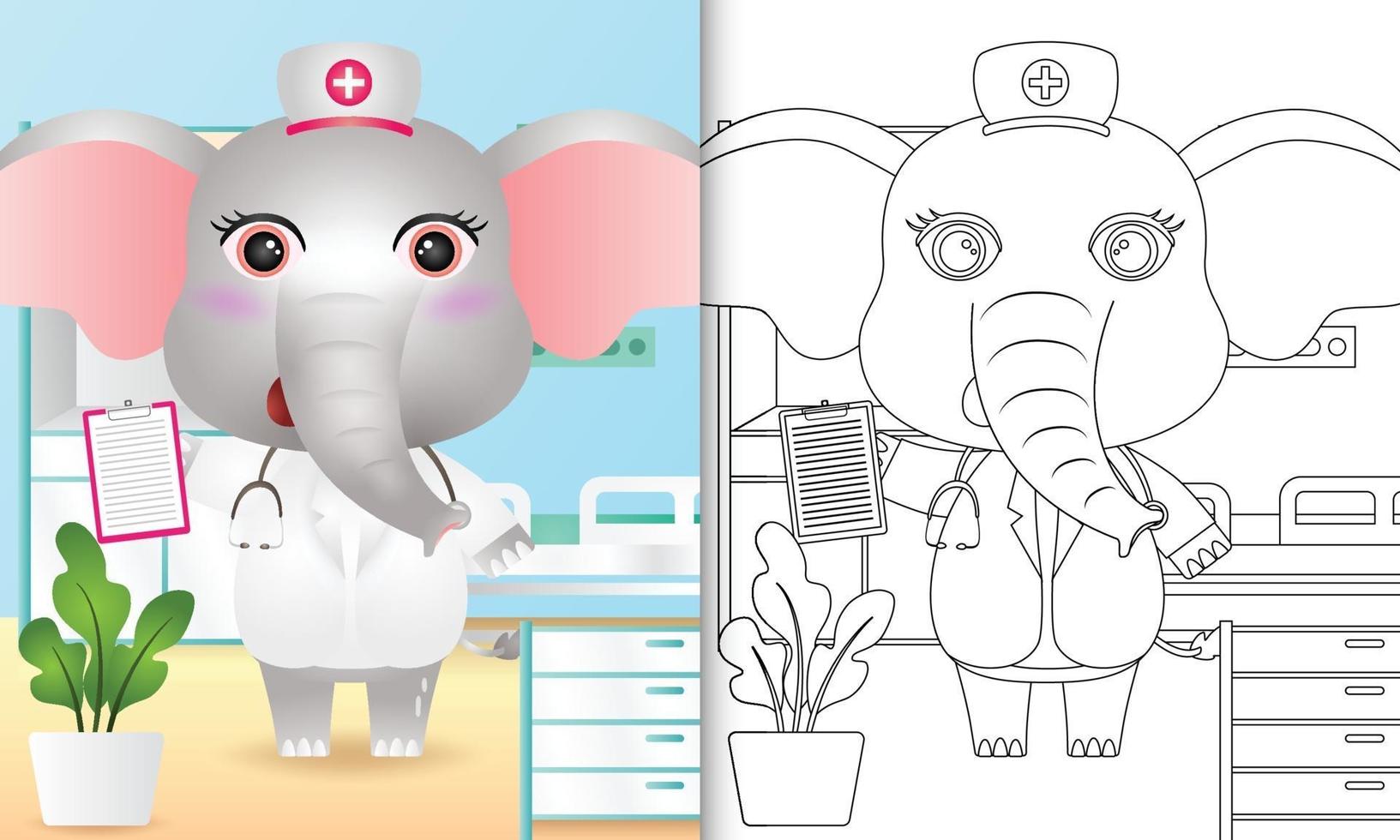 kleurboek voor kinderen met een schattige olifant verpleegster karakter illustratie vector