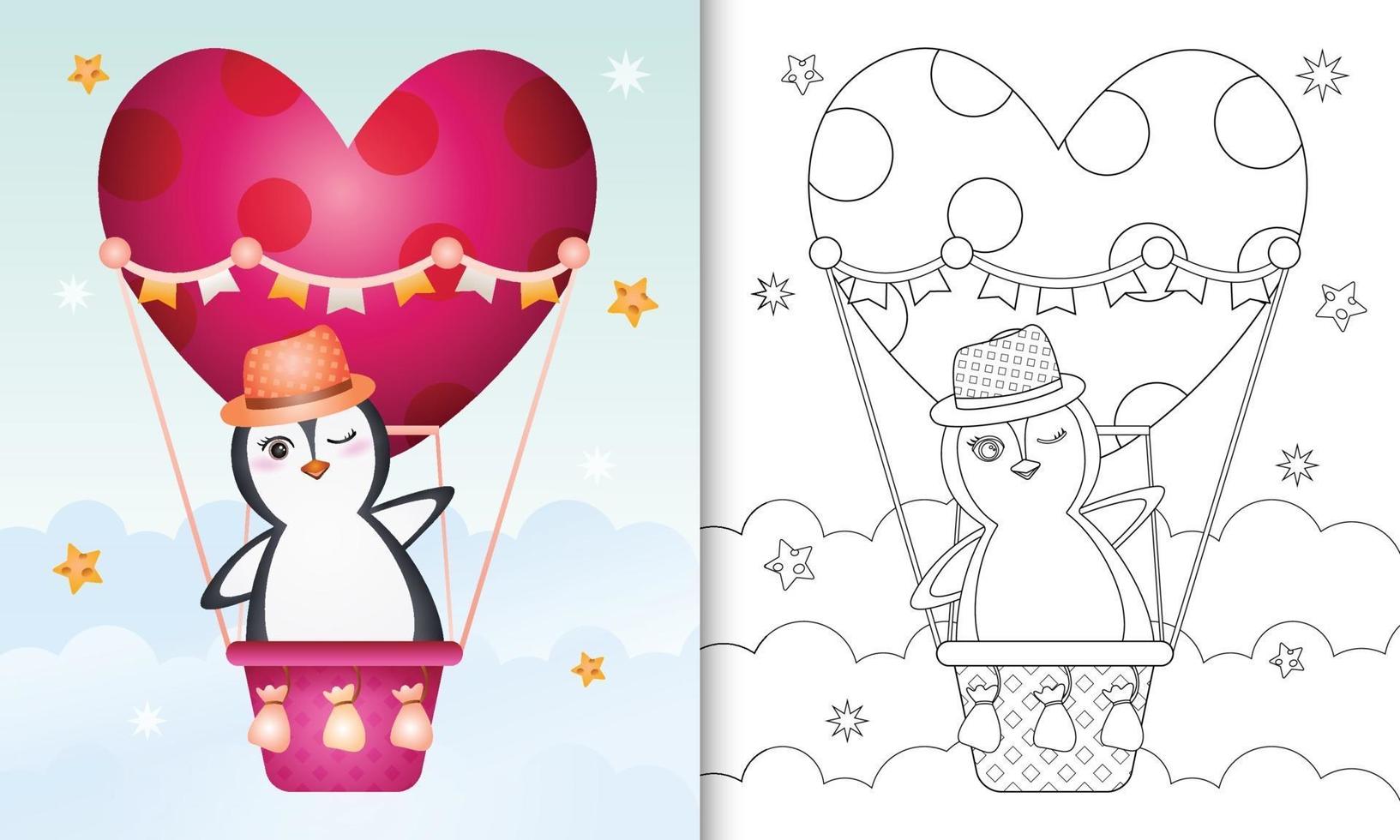 kleurboek voor kinderen met een schattig pinguïn mannetje op heteluchtballon liefde thema Valentijnsdag vector