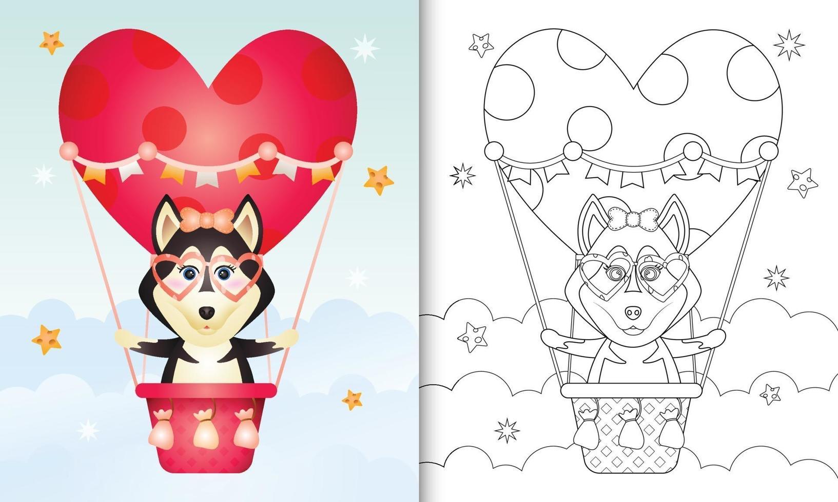 kleurboek voor kinderen met een schattige husky hond vrouwtje op heteluchtballon liefde thema Valentijnsdag vector