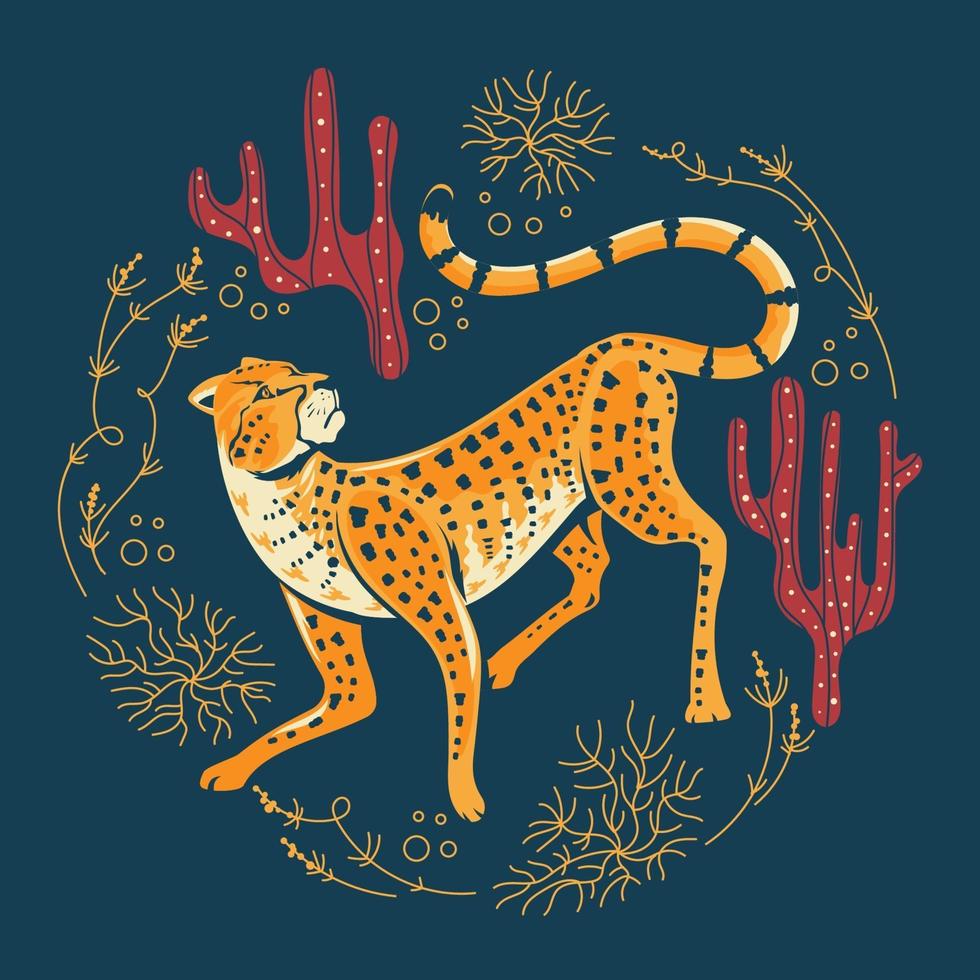 schattige jachtluipaardjacht met spinifexgras en cactus vector
