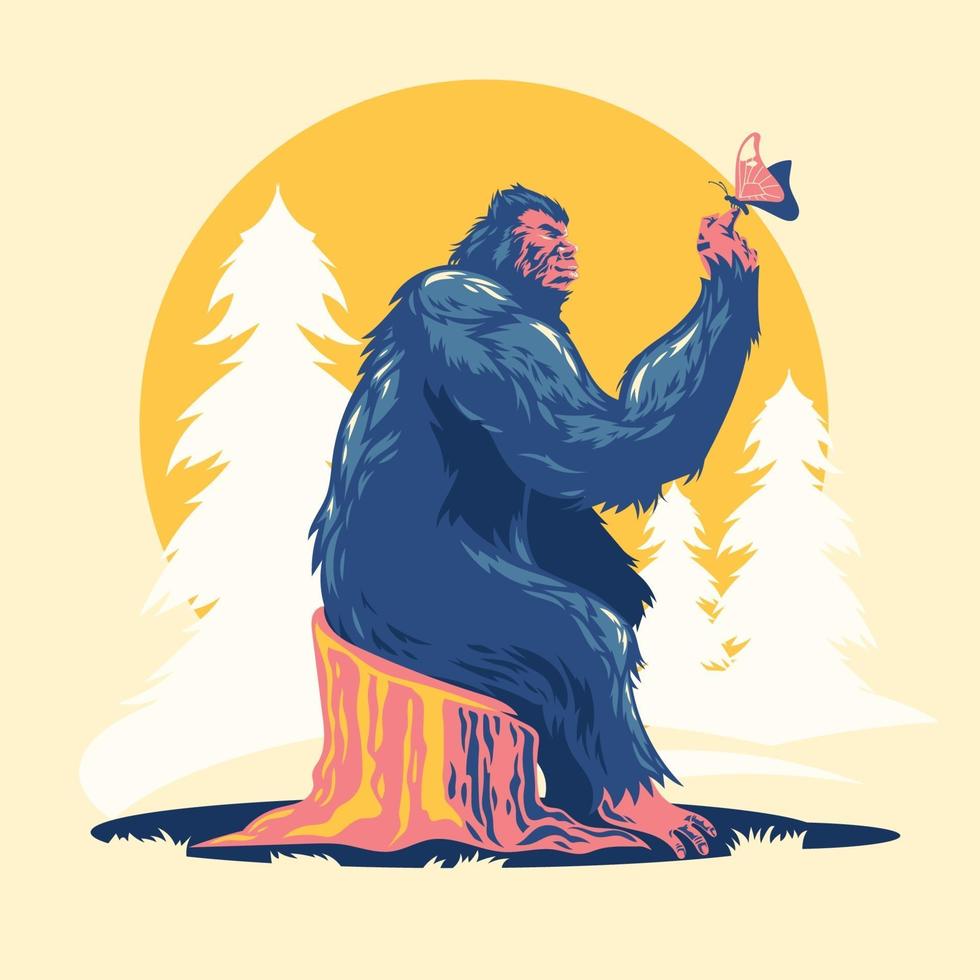 lopen bigfoot of sasquatch spelen met vlinder vectorillustratie vector