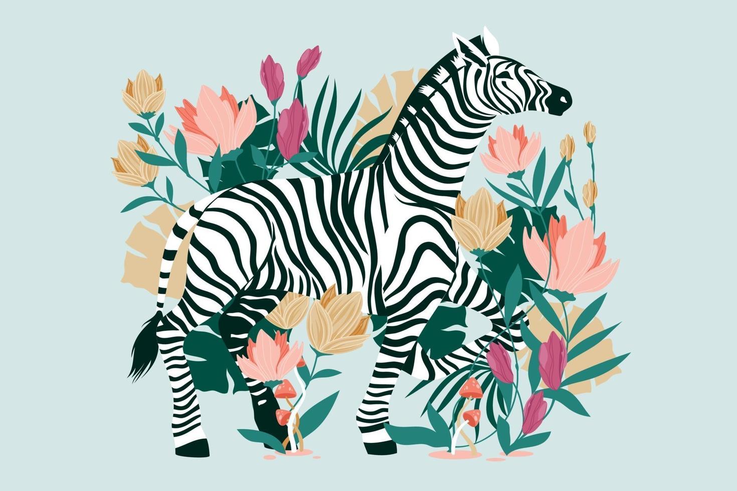 wilde zebra met exotische tropische bloemachtergrond vector