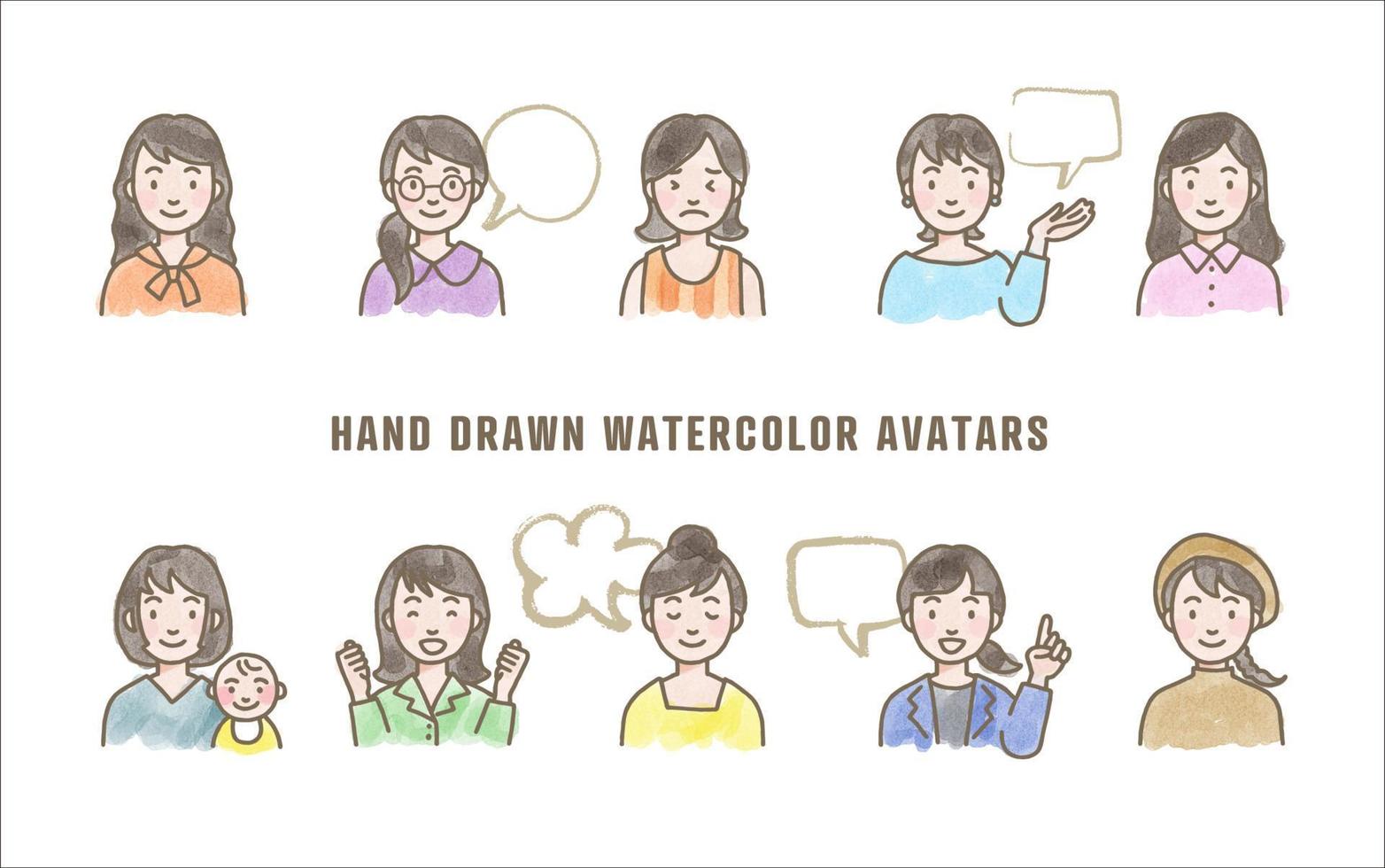 reeks van divers vector avatars, gemakkelijk waterverf hand- getrokken illustratie van vrouw gezichten