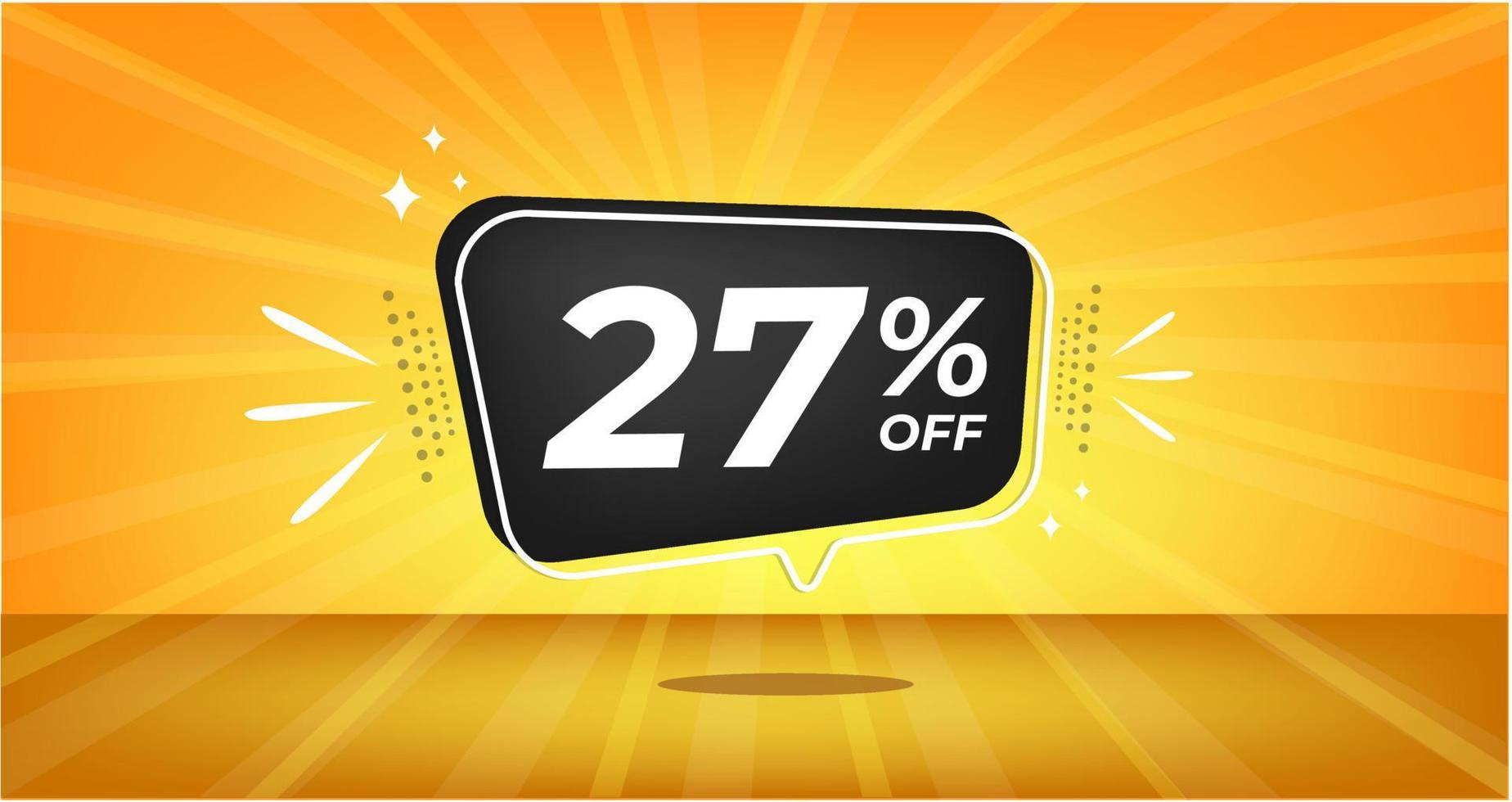 27 procent uit. geel banier met zevenentwintig procent korting Aan een zwart ballon voor mega groot verkoop. vector