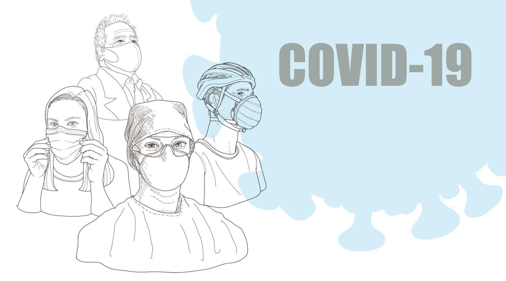 mensen die maskers dragen, vervuilt luchtverontreiniging het coronavirus covid-19. vector