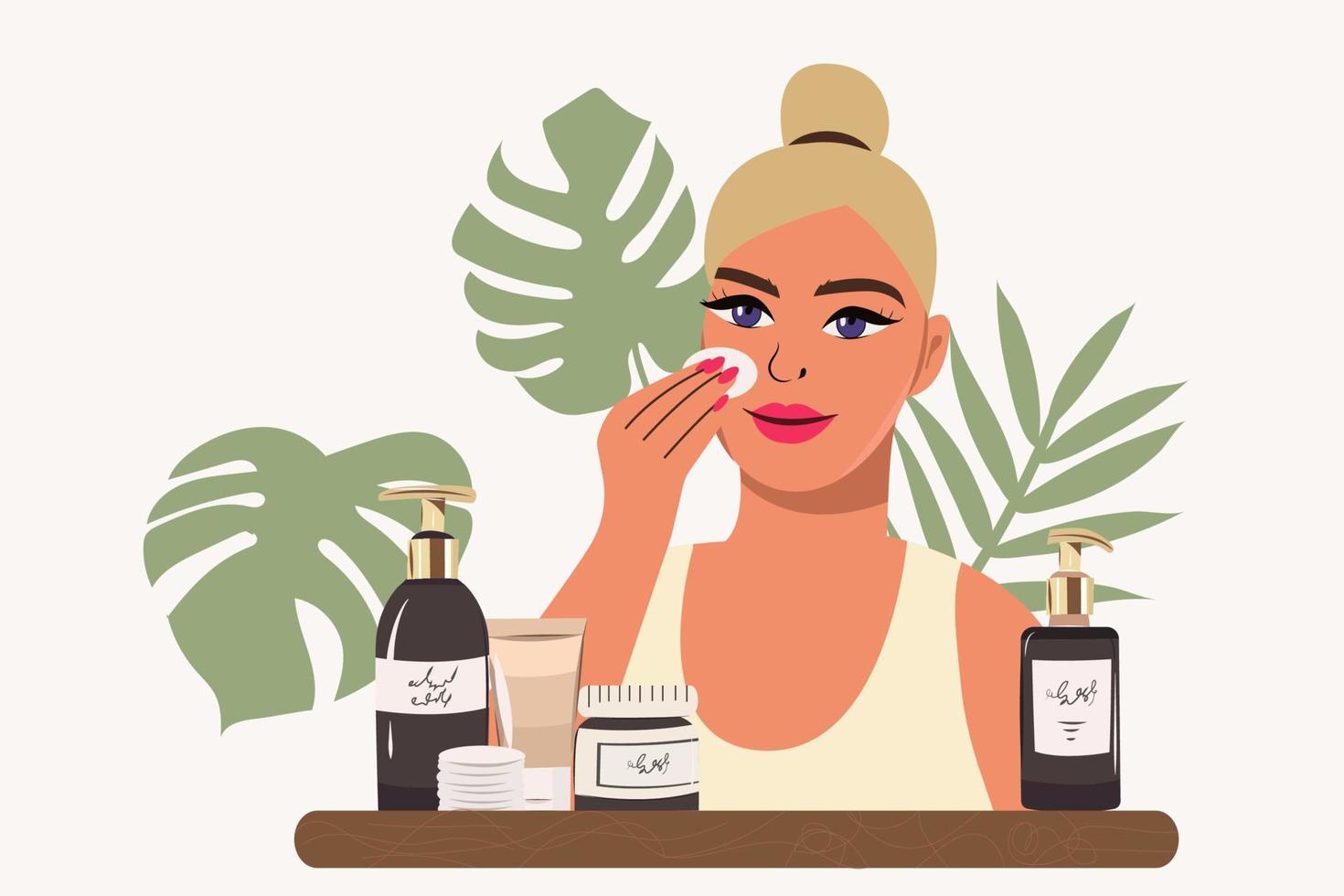 blond vrouw is van toepassing een masker naar haar gezicht. zelf zorg concept. vrouw aan het doen schoonheid spa behandelingen voor gelaats huid. ochtend- routine. baden. vector illustratie in een vlak stijl.