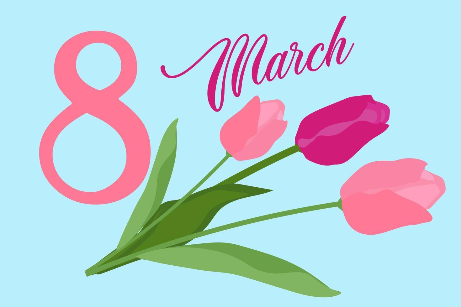 maart 8 groet kaart in teder roze kleuren, vlak hand- getrokken ontwerp met tulp bloemen. vector