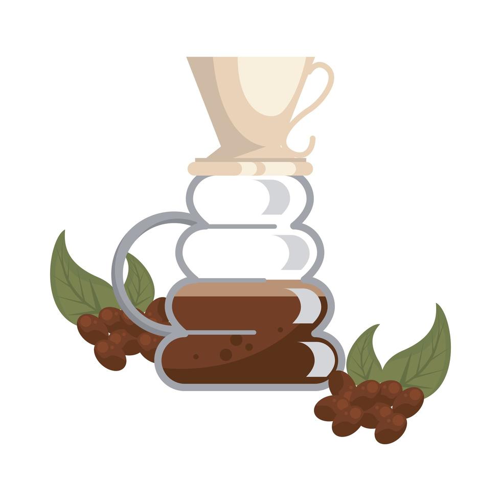koffiebonen en bladeren met koffiepot vector
