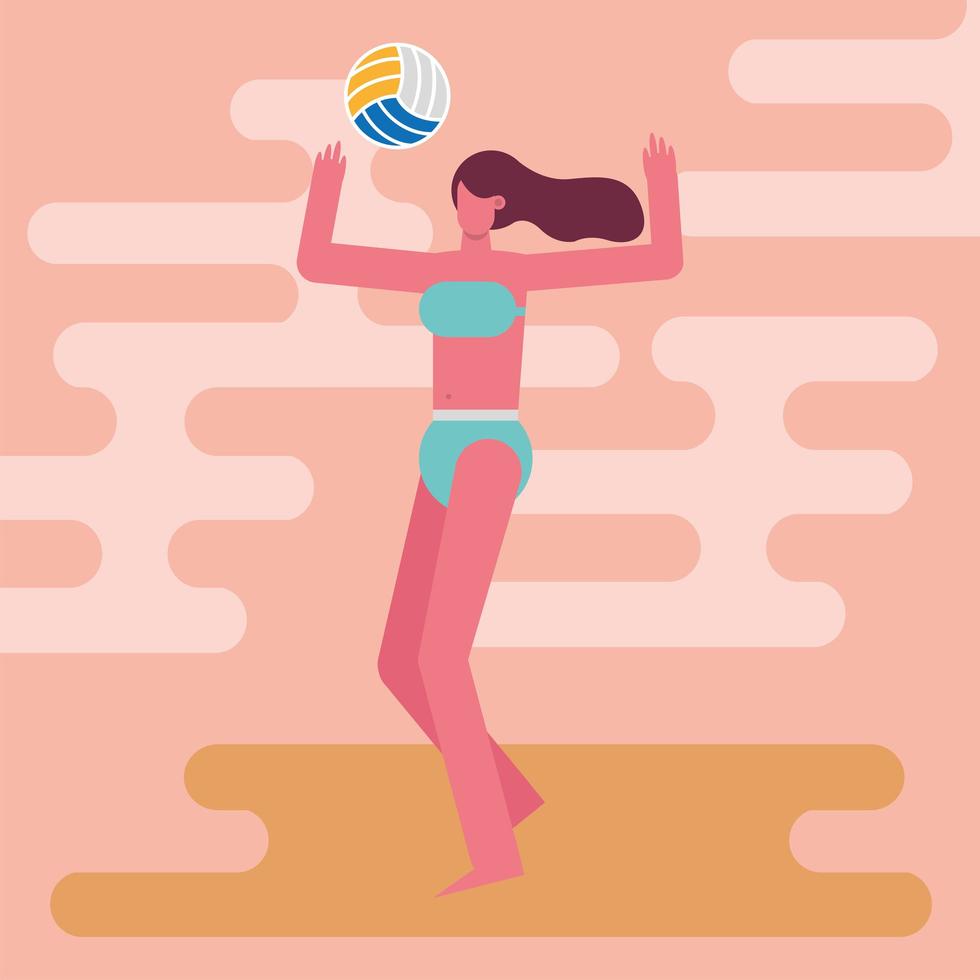 jonge vrouw die een zwempak draagt en volleybal speelt vector
