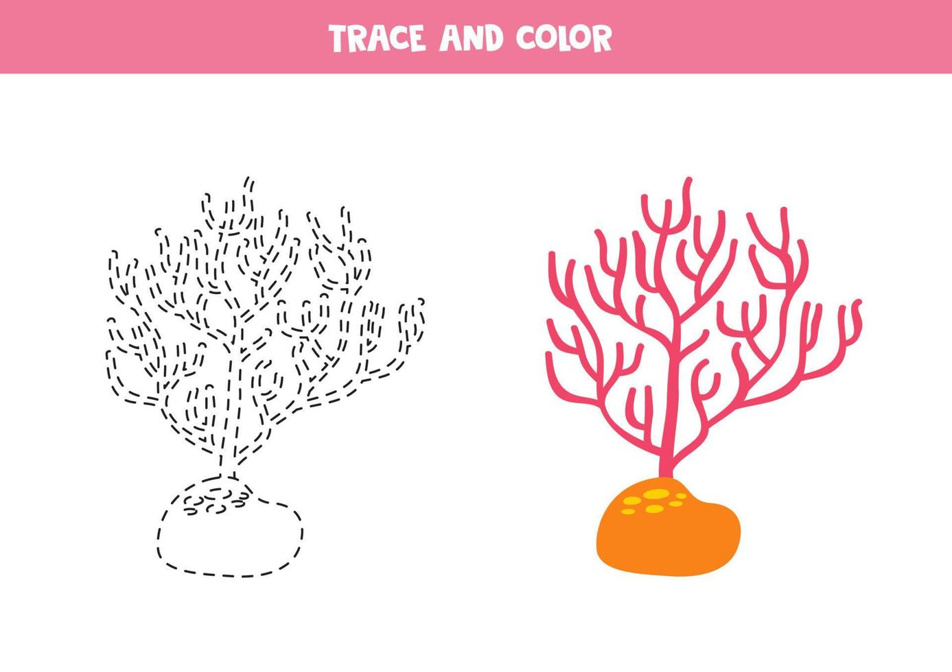 spoor en kleur tekenfilm schattig roze koraal. werkblad voor kinderen. vector