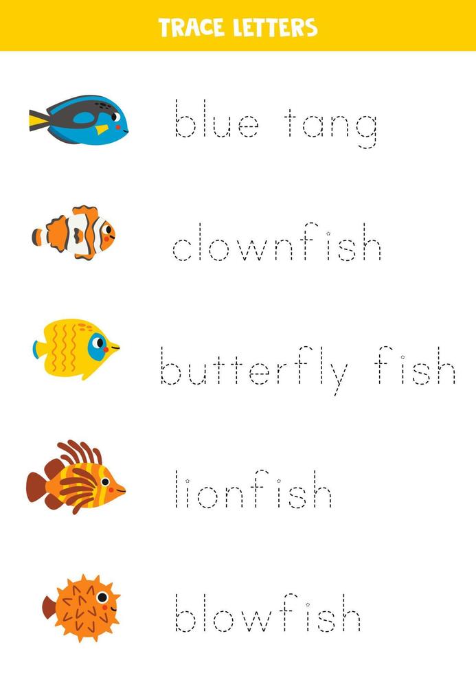traceren brieven met schattig rif vis. schrijven oefening. vector