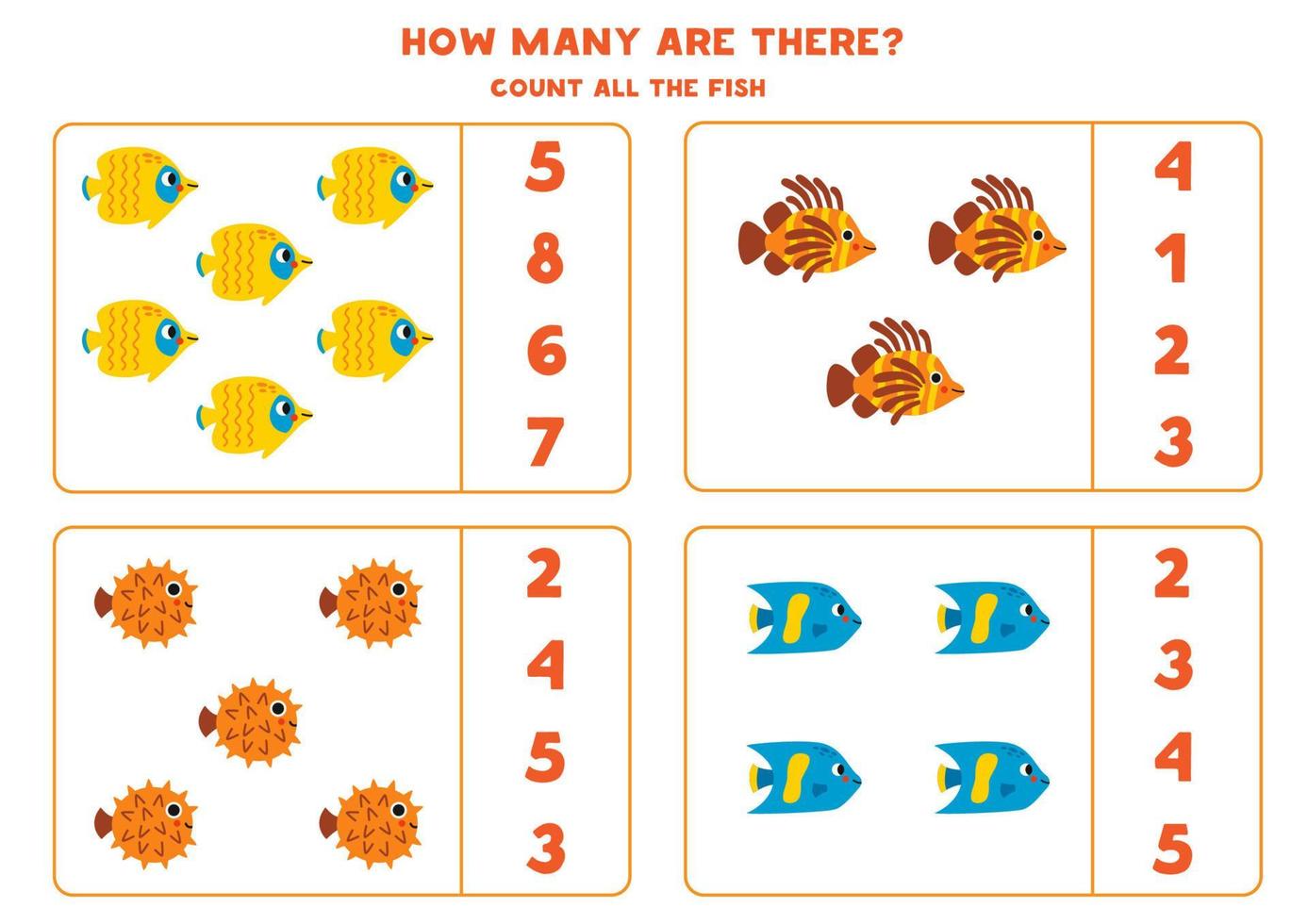 tellen spel met schattig zee vis. leerzaam werkblad. vector