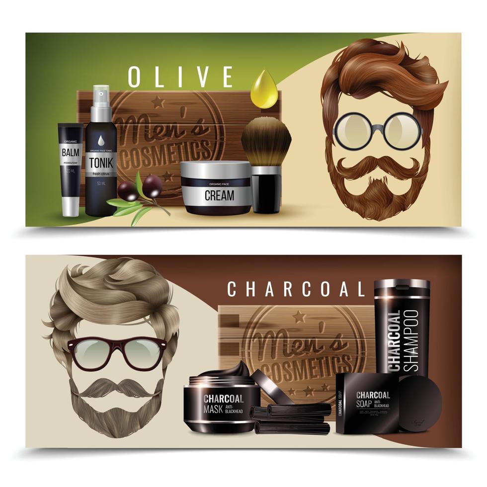 realistische mannen kapsel baard cosmetica banners vector