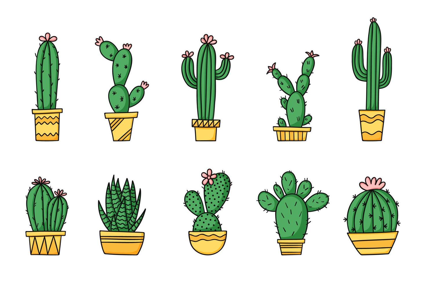 reeks schattig tekenfilm cactus en vetplanten in potten. geïsoleerd vector illustratie Aan wit achtergrond.