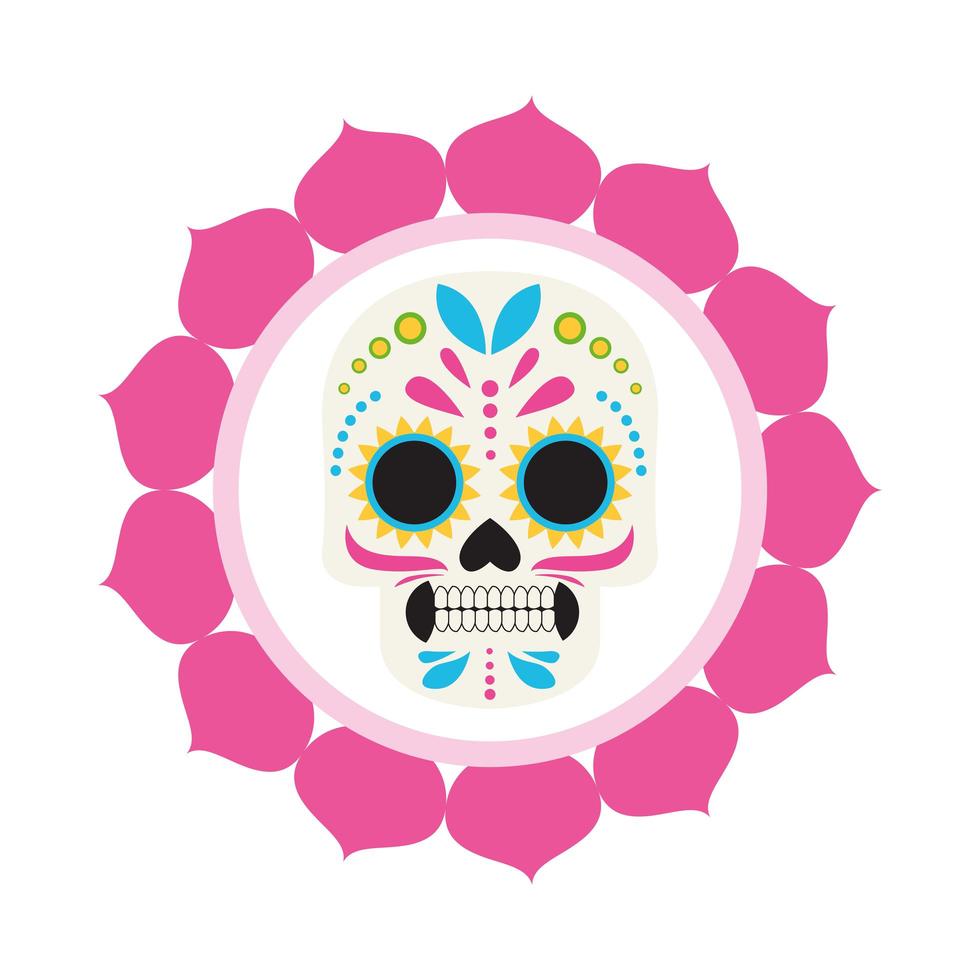 traditioneel mexicaans schedelhoofd met bloemblaadjeskader vector