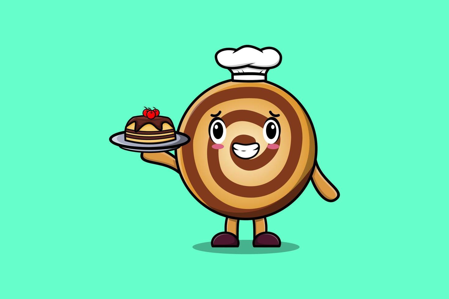 schattig tekenfilm chef koekjes portie taart Aan dienblad vector