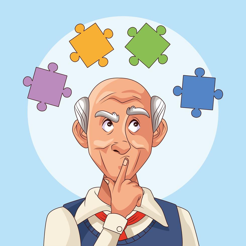 oude man en alzheimerpatiënt met puzzelstukjes vector