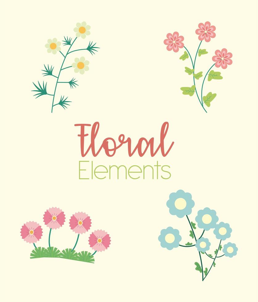 belettering en vier bloemen tuin vlakke elementen vector