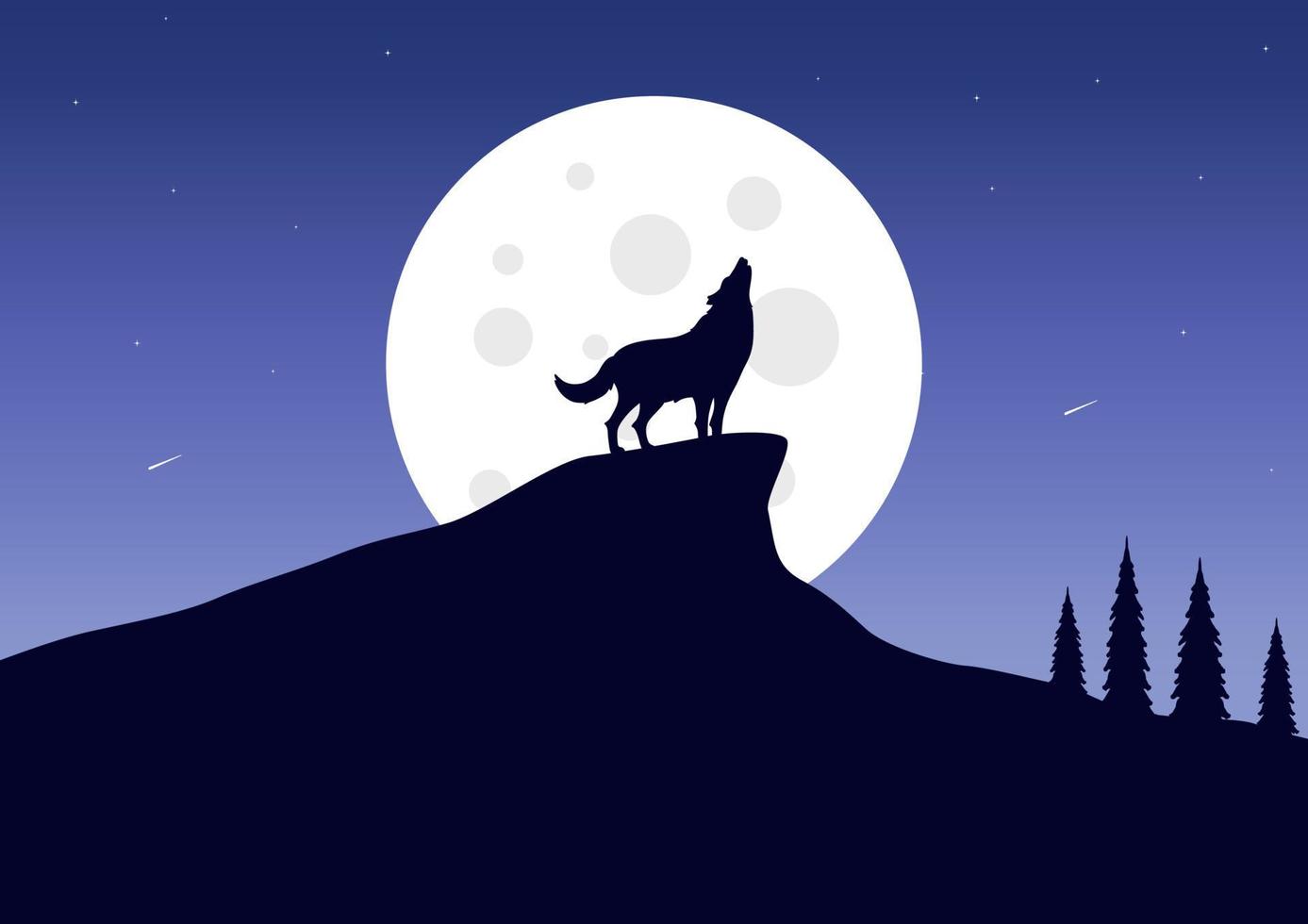 silhouet van een wolf gehuil Aan de heuvel Bij nacht vector