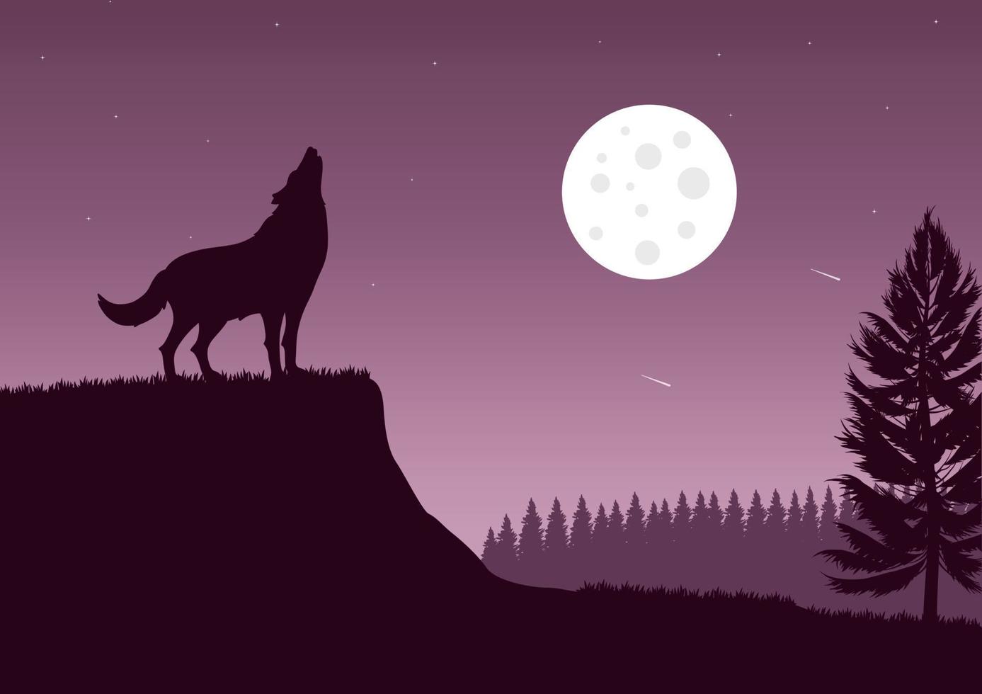 silhouet van een wolf gehuil Aan de heuvel Bij nacht, vector illustratie.