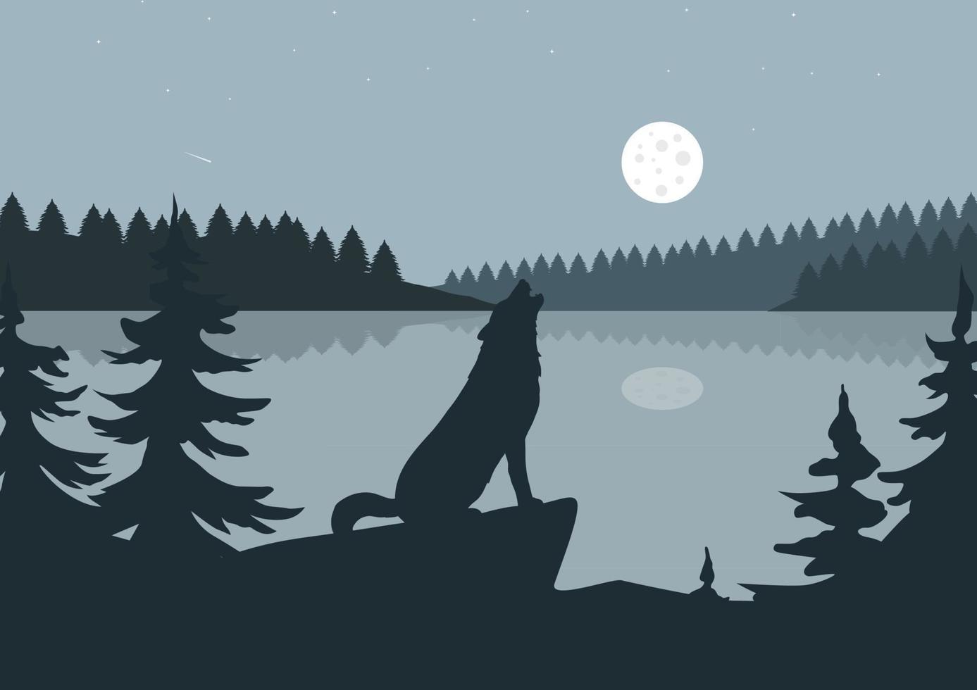 een wolf huilt in de Woud en meer Bij nacht, vector illustratie.