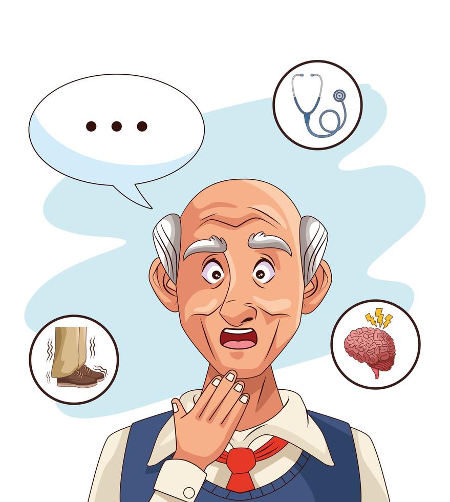 oude man en de ziekte van Alzheimer patiënt met gezondheidspictogrammen vector