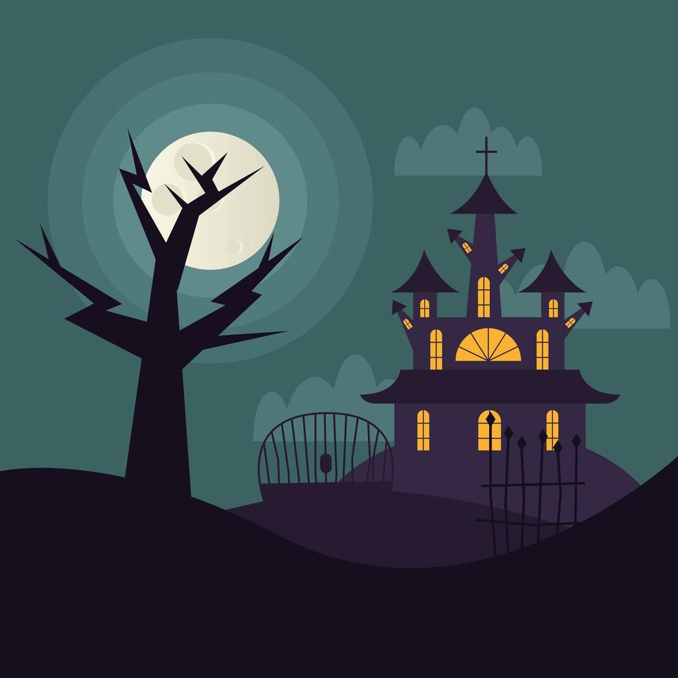 Halloween-huis en boom bij nacht vectorontwerp vector