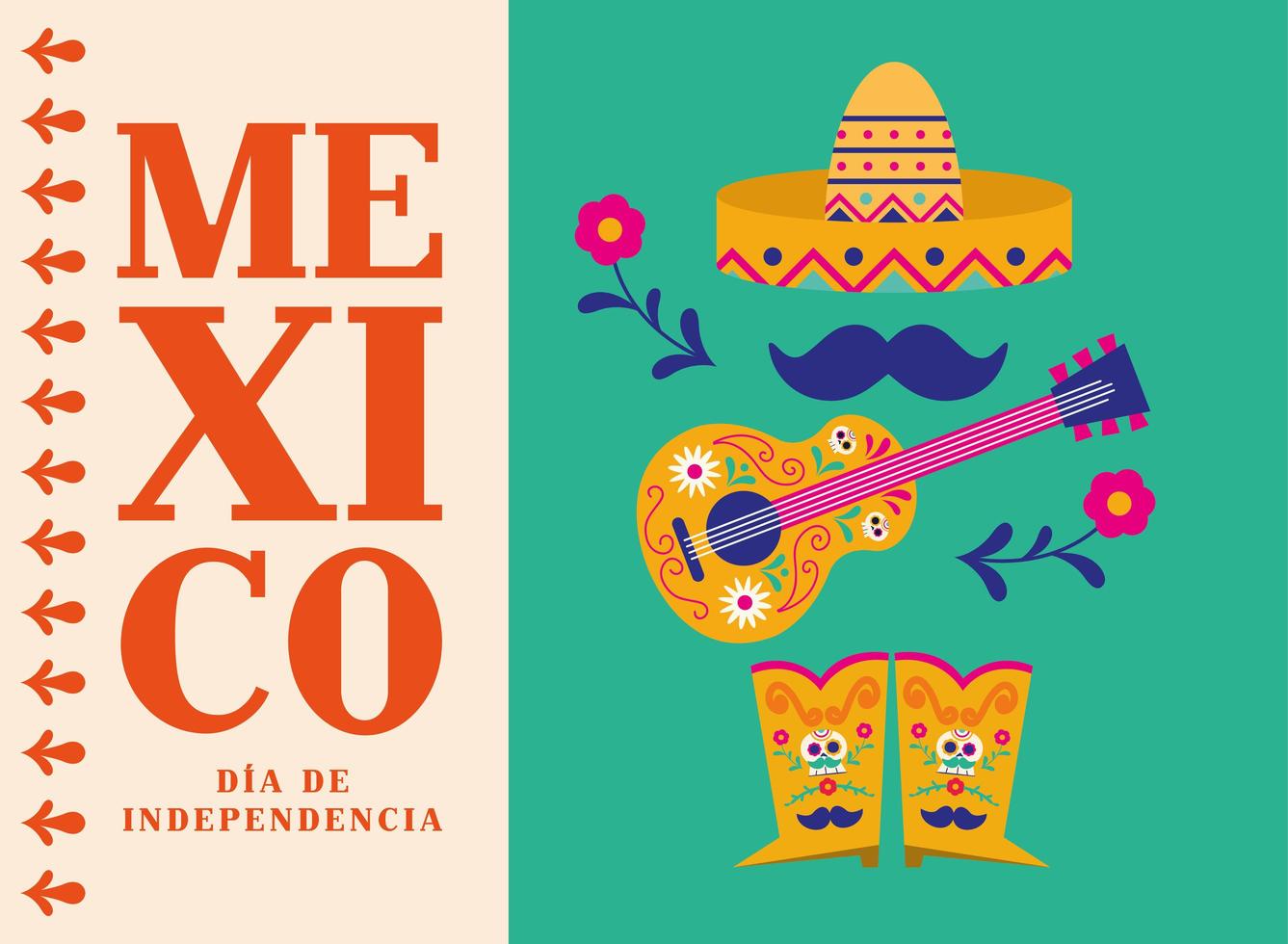 onafhankelijkheidsdag van de viering van Mexico met hoedengitaar en laarzen vectorontwerp vector
