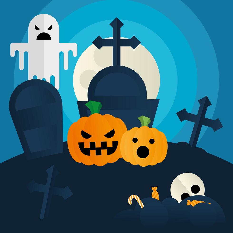 Halloween-pompoenen en spook bij een begraafplaats vectorontwerp vector