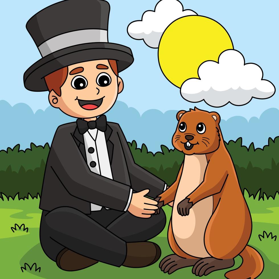 Mens Holding groundhog gekleurde tekenfilm illustratie vector