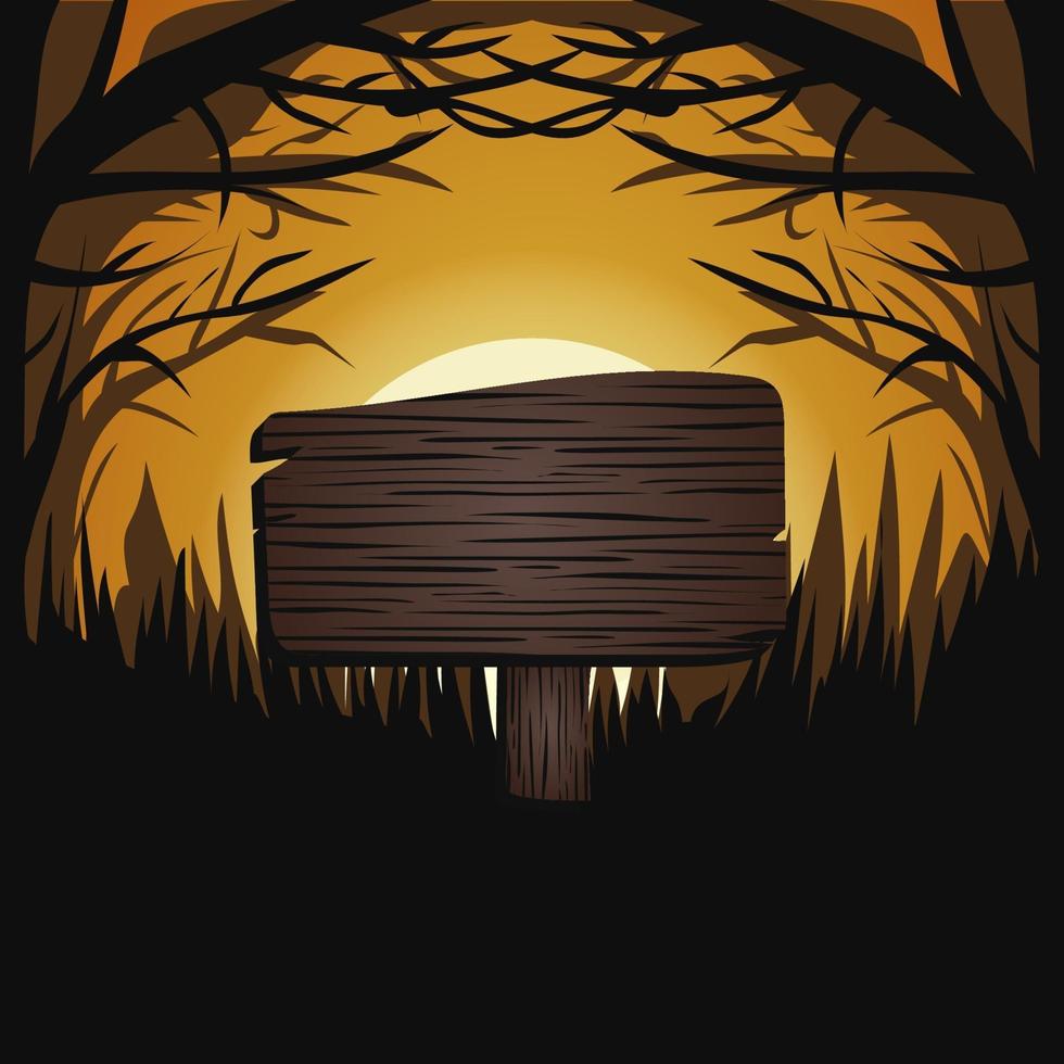 Halloween donkere drie maan licht vectorillustratie, banner flyer concept squere, prettige vakantie donkere pompoenen achtergrond, houten tafel tekstsjabloon vector