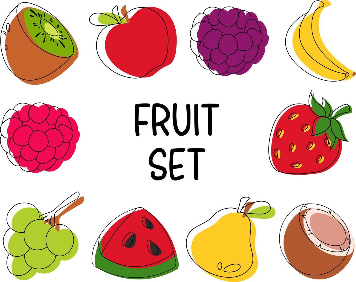 reeks van getrokken fruit, schets en verf. appel, Peer, druif, framboos, braam, kiwi, kokosnoot, banaan, aardbei, Pruim vector