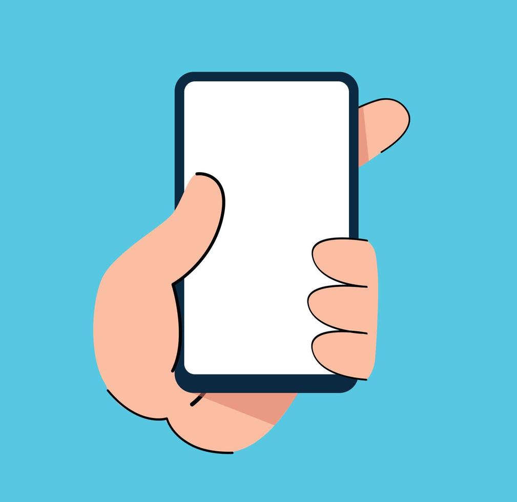 hand- Holding smartphone tekenfilm tekening vector