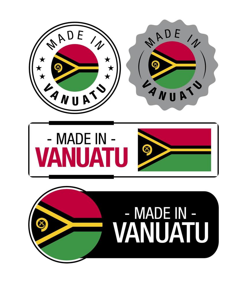 reeks van gemaakt in vanuatu etiketten, logo, vanuatu vlag, vanuatu Product embleem vector